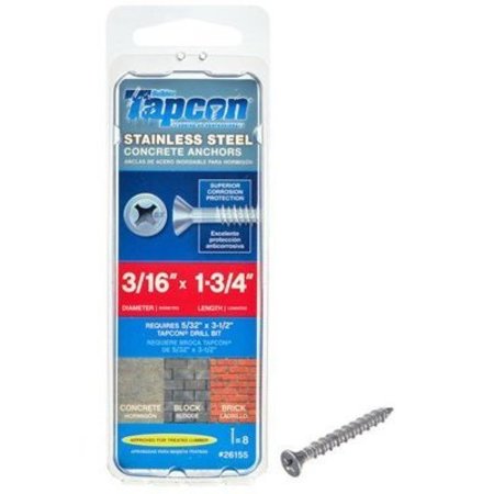 ITW BRANDS Tapcon Concrete Screw, Flat, Stainless Steel 26155